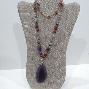 Beaded Necklace with Purple Rock Slice Pedant, 32"
